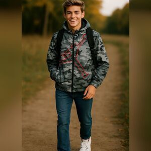 Jordan Boys L 12-13yrs Camo Windbreaker Zip Hoodie Jacket Gray Red Jumpman Logo